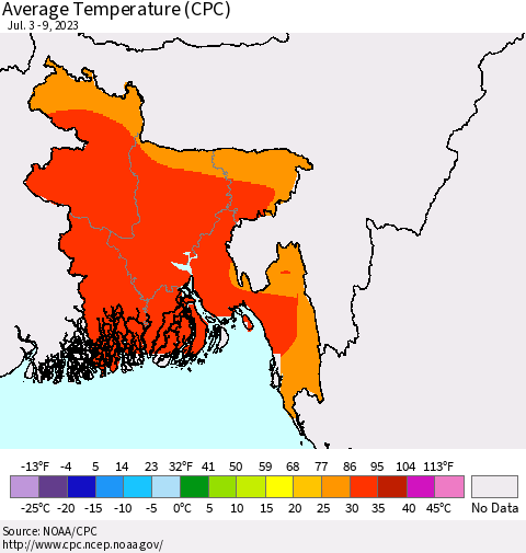 Bangladesh Average Temperature (CPC) Thematic Map For 7/3/2023 - 7/9/2023