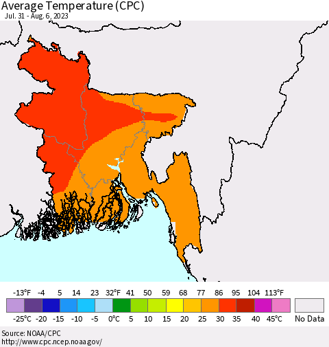 Bangladesh Average Temperature (CPC) Thematic Map For 7/31/2023 - 8/6/2023