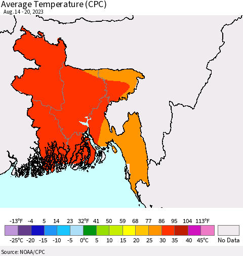 Bangladesh Average Temperature (CPC) Thematic Map For 8/14/2023 - 8/20/2023