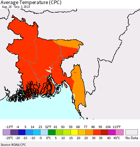 Bangladesh Average Temperature (CPC) Thematic Map For 8/28/2023 - 9/3/2023