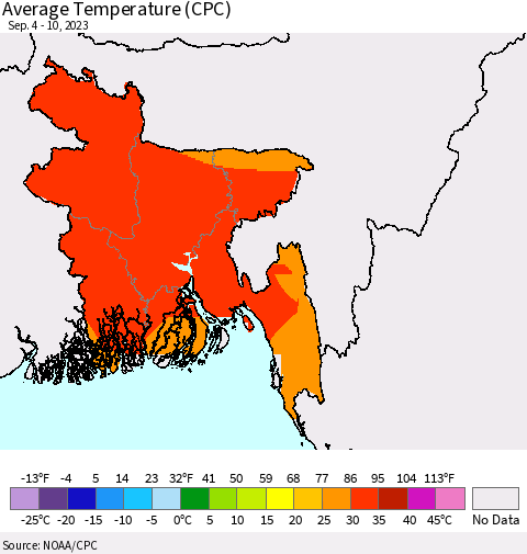 Bangladesh Average Temperature (CPC) Thematic Map For 9/4/2023 - 9/10/2023