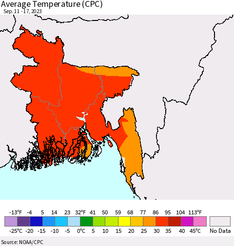Bangladesh Average Temperature (CPC) Thematic Map For 9/11/2023 - 9/17/2023