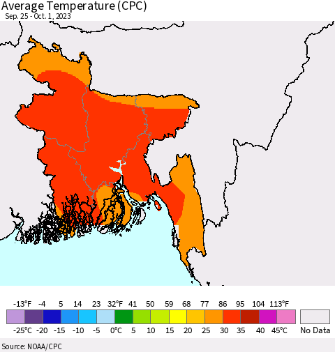 Bangladesh Average Temperature (CPC) Thematic Map For 9/25/2023 - 10/1/2023