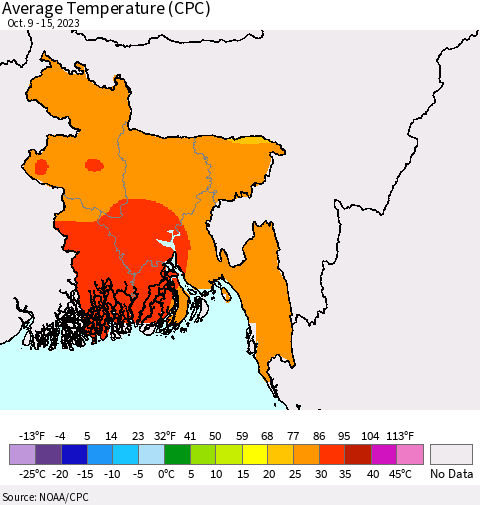 Bangladesh Average Temperature (CPC) Thematic Map For 10/9/2023 - 10/15/2023