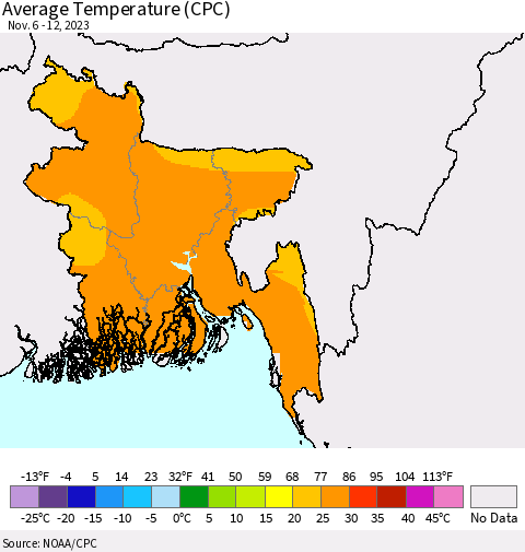 Bangladesh Average Temperature (CPC) Thematic Map For 11/6/2023 - 11/12/2023