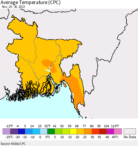 Bangladesh Average Temperature (CPC) Thematic Map For 11/20/2023 - 11/26/2023