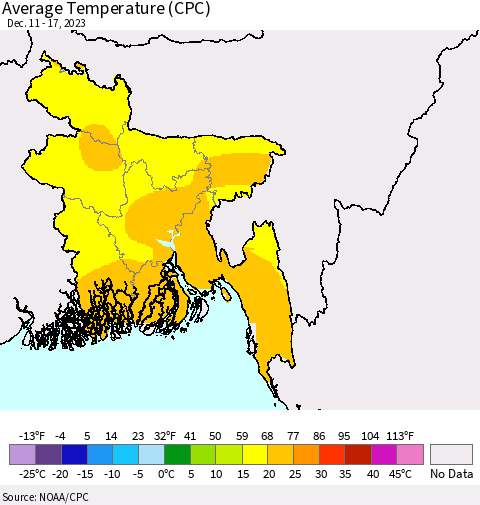 Bangladesh Average Temperature (CPC) Thematic Map For 12/11/2023 - 12/17/2023