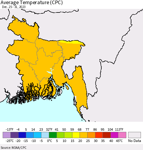 Bangladesh Average Temperature (CPC) Thematic Map For 12/25/2023 - 12/31/2023