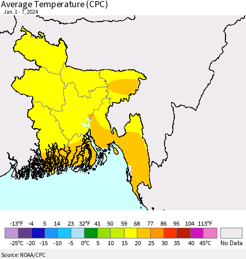 Bangladesh Average Temperature (CPC) Thematic Map For 1/1/2024 - 1/7/2024