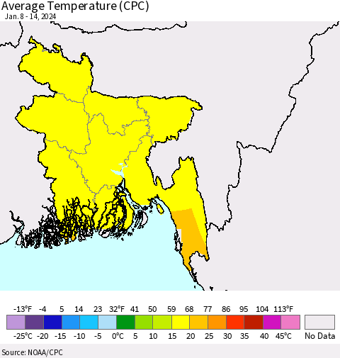 Bangladesh Average Temperature (CPC) Thematic Map For 1/8/2024 - 1/14/2024