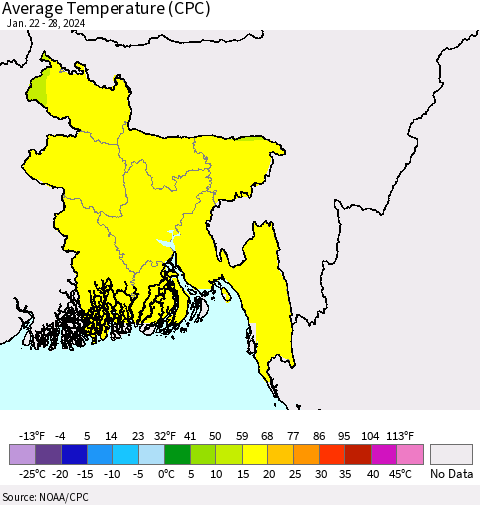 Bangladesh Average Temperature (CPC) Thematic Map For 1/22/2024 - 1/28/2024