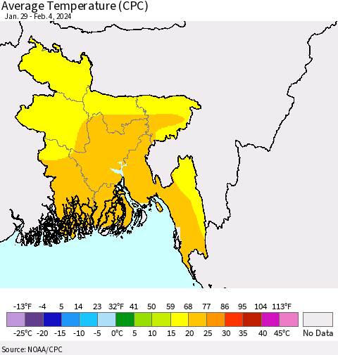 Bangladesh Average Temperature (CPC) Thematic Map For 1/29/2024 - 2/4/2024