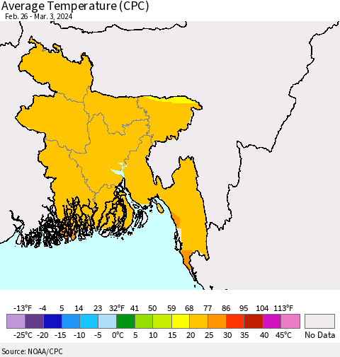 Bangladesh Average Temperature (CPC) Thematic Map For 2/26/2024 - 3/3/2024