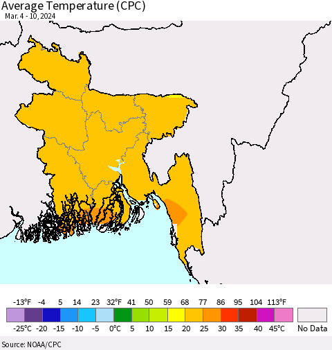 Bangladesh Average Temperature (CPC) Thematic Map For 3/4/2024 - 3/10/2024