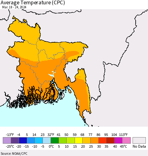 Bangladesh Average Temperature (CPC) Thematic Map For 3/18/2024 - 3/24/2024