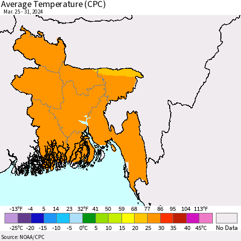 Bangladesh Average Temperature (CPC) Thematic Map For 3/25/2024 - 3/31/2024
