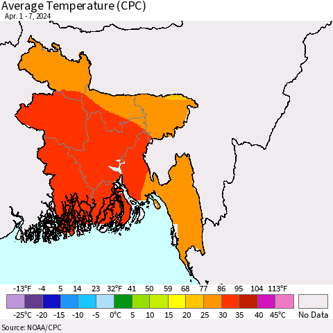 Bangladesh Average Temperature (CPC) Thematic Map For 4/1/2024 - 4/7/2024