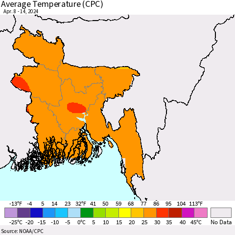Bangladesh Average Temperature (CPC) Thematic Map For 4/8/2024 - 4/14/2024