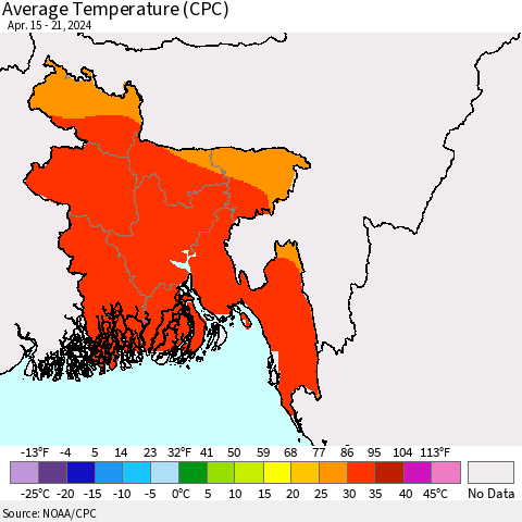 Bangladesh Average Temperature (CPC) Thematic Map For 4/15/2024 - 4/21/2024