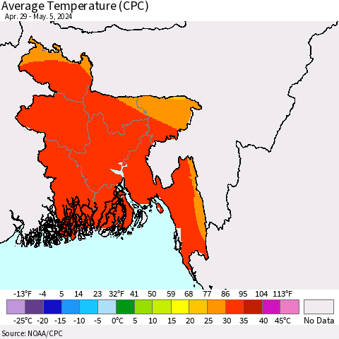 Bangladesh Average Temperature (CPC) Thematic Map For 4/29/2024 - 5/5/2024
