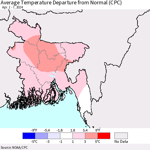 Bangladesh Average Temperature Departure from Normal (CPC) Thematic Map For 4/1/2024 - 4/7/2024
