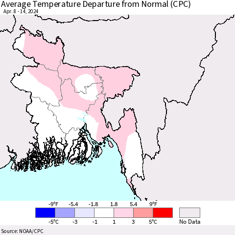 Bangladesh Average Temperature Departure from Normal (CPC) Thematic Map For 4/8/2024 - 4/14/2024
