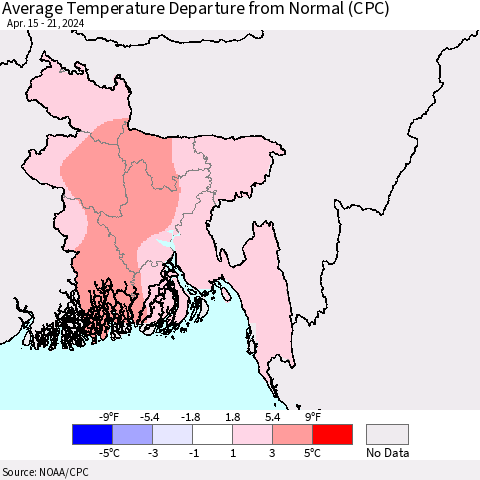 Bangladesh Average Temperature Departure from Normal (CPC) Thematic Map For 4/15/2024 - 4/21/2024