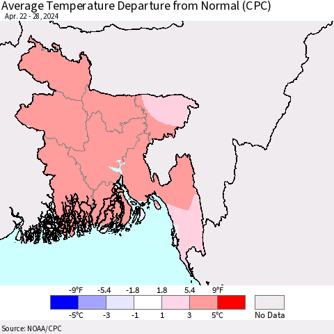Bangladesh Average Temperature Departure from Normal (CPC) Thematic Map For 4/22/2024 - 4/28/2024