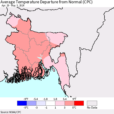 Bangladesh Average Temperature Departure from Normal (CPC) Thematic Map For 4/29/2024 - 5/5/2024