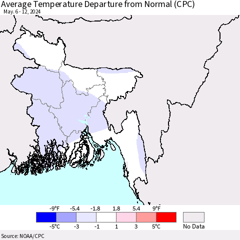 Bangladesh Average Temperature Departure from Normal (CPC) Thematic Map For 5/6/2024 - 5/12/2024