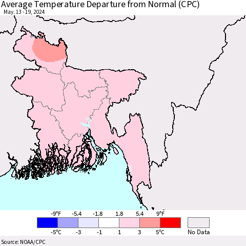 Bangladesh Average Temperature Departure from Normal (CPC) Thematic Map For 5/13/2024 - 5/19/2024
