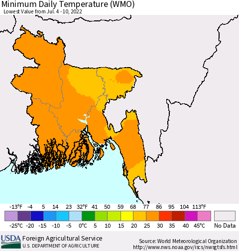 Bangladesh Minimum Daily Temperature (WMO) Thematic Map For 7/4/2022 - 7/10/2022