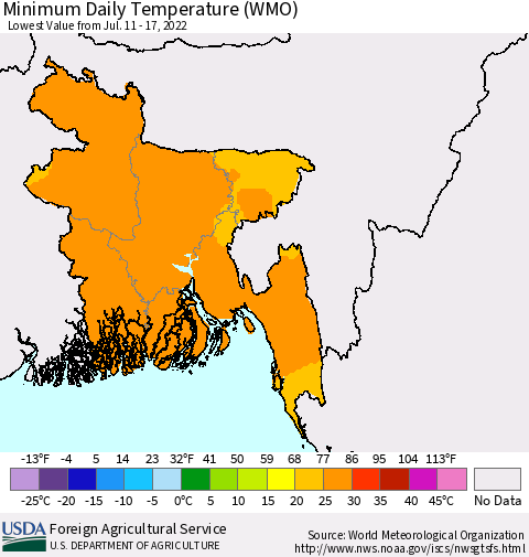 Bangladesh Minimum Daily Temperature (WMO) Thematic Map For 7/11/2022 - 7/17/2022
