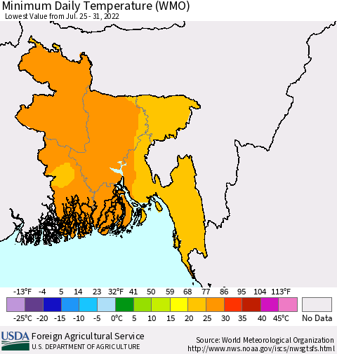 Bangladesh Minimum Daily Temperature (WMO) Thematic Map For 7/25/2022 - 7/31/2022
