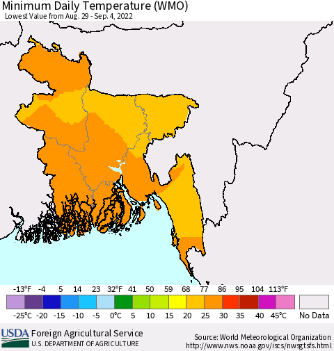 Bangladesh Minimum Daily Temperature (WMO) Thematic Map For 8/29/2022 - 9/4/2022