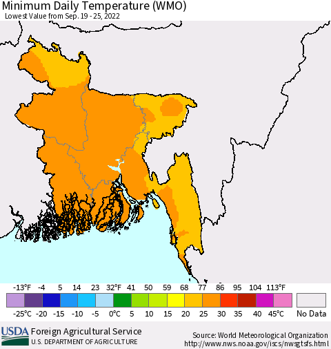 Bangladesh Minimum Daily Temperature (WMO) Thematic Map For 9/19/2022 - 9/25/2022