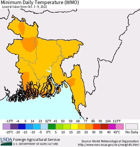 Bangladesh Minimum Daily Temperature (WMO) Thematic Map For 10/3/2022 - 10/9/2022