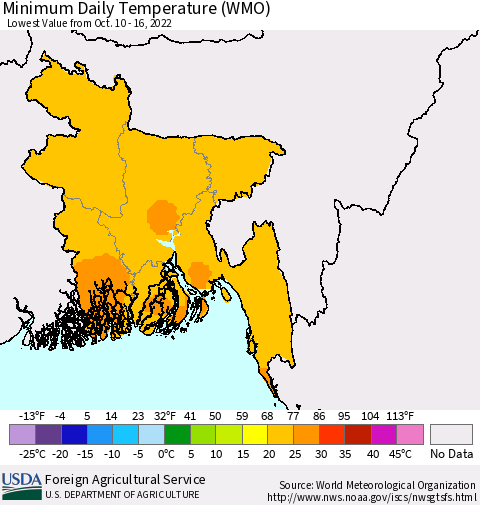 Bangladesh Minimum Daily Temperature (WMO) Thematic Map For 10/10/2022 - 10/16/2022