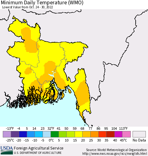 Bangladesh Minimum Daily Temperature (WMO) Thematic Map For 10/24/2022 - 10/30/2022