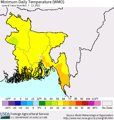 Bangladesh Minimum Daily Temperature (WMO) Thematic Map For 11/7/2022 - 11/13/2022