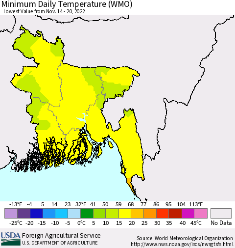 Bangladesh Minimum Daily Temperature (WMO) Thematic Map For 11/14/2022 - 11/20/2022