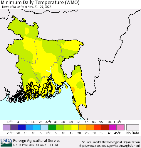 Bangladesh Minimum Daily Temperature (WMO) Thematic Map For 11/21/2022 - 11/27/2022