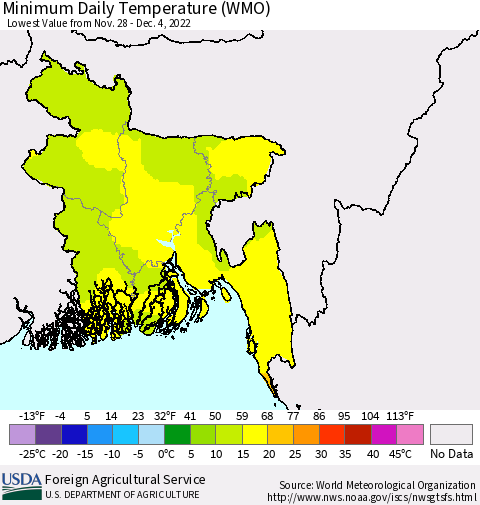 Bangladesh Minimum Daily Temperature (WMO) Thematic Map For 11/28/2022 - 12/4/2022