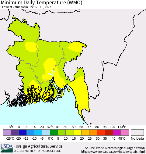 Bangladesh Minimum Daily Temperature (WMO) Thematic Map For 12/5/2022 - 12/11/2022