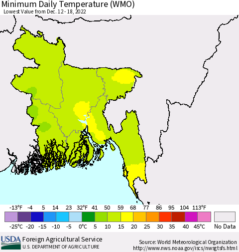 Bangladesh Minimum Daily Temperature (WMO) Thematic Map For 12/12/2022 - 12/18/2022