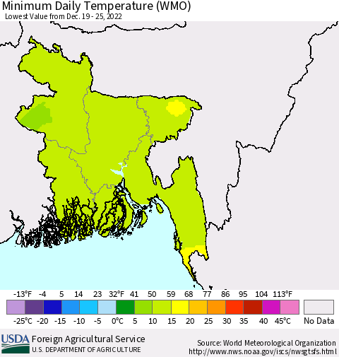Bangladesh Minimum Daily Temperature (WMO) Thematic Map For 12/19/2022 - 12/25/2022