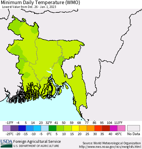Bangladesh Minimum Daily Temperature (WMO) Thematic Map For 12/26/2022 - 1/1/2023
