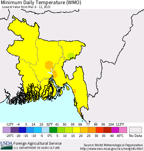 Bangladesh Minimum Daily Temperature (WMO) Thematic Map For 3/6/2023 - 3/12/2023