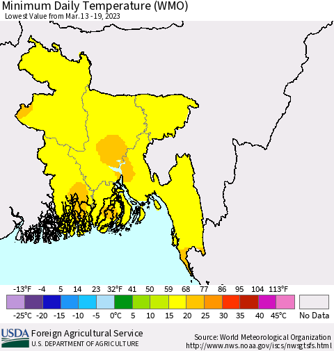 Bangladesh Minimum Daily Temperature (WMO) Thematic Map For 3/13/2023 - 3/19/2023