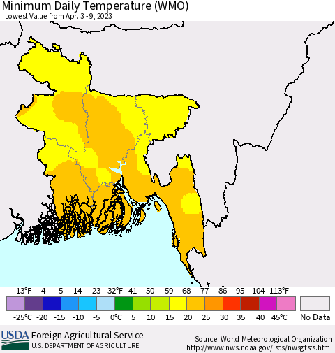 Bangladesh Minimum Daily Temperature (WMO) Thematic Map For 4/3/2023 - 4/9/2023